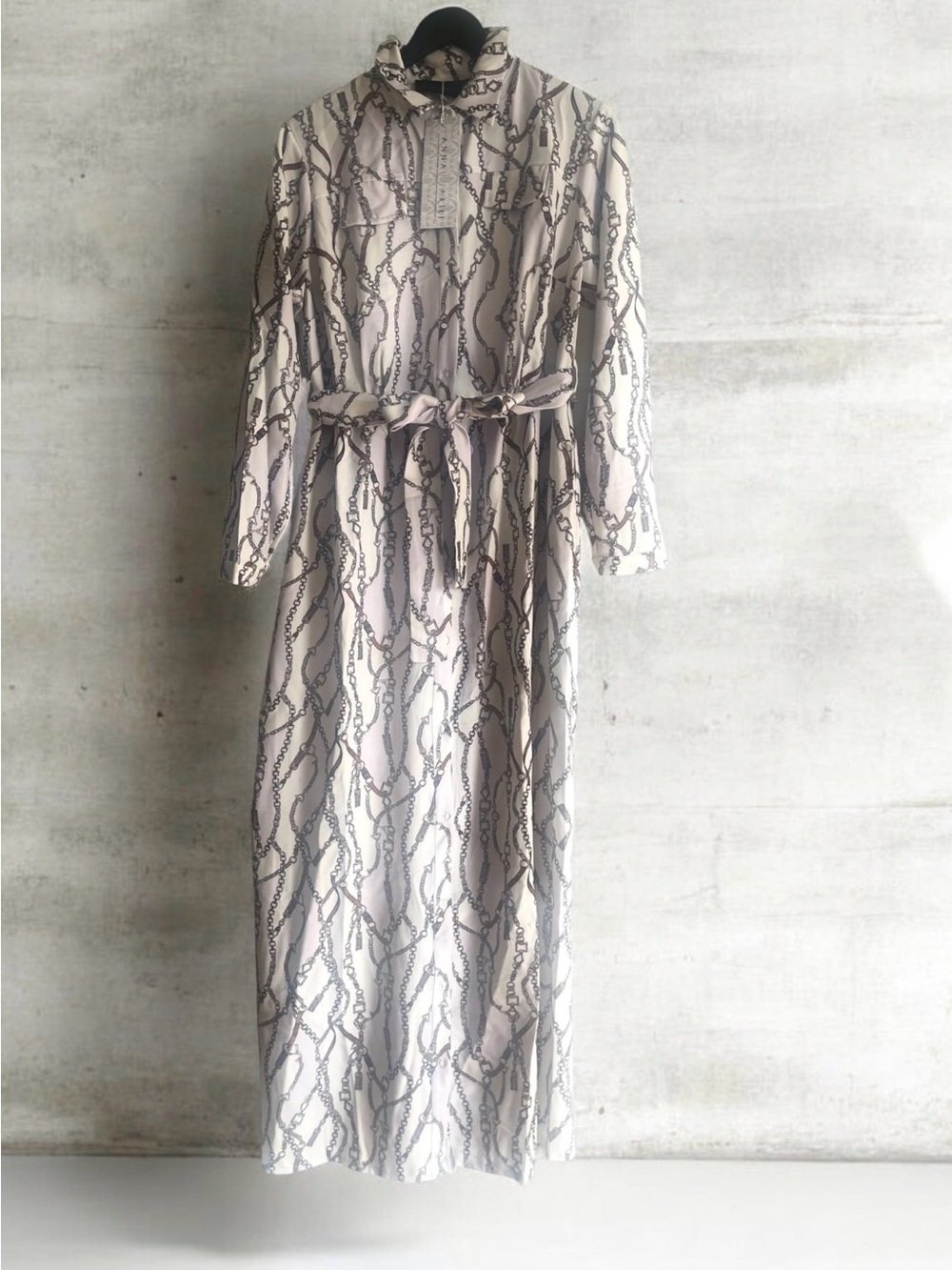 Annah Hariri Cream Chain-Print Maxi Shirt Dress with Tie Waist size 16